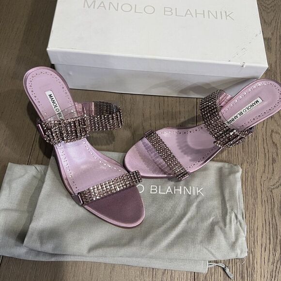 Manolo Blahnik Beopia Pink Satin Rhinestone Straps Mule Sandals 38 NEW - Picture 1 of 12